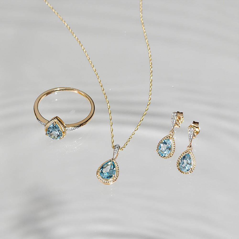 Classic Pear Aquamarine & Diamond Pendant Necklace In 9ct Yellow Gold