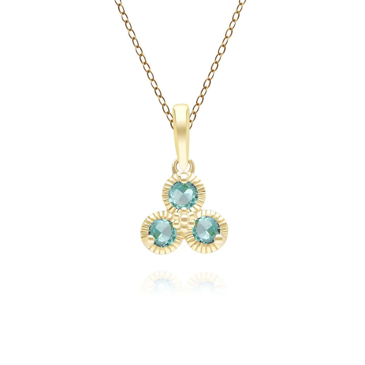 Floral Emerald Three Stone Pendant Necklace in 9ct Yellow Gold