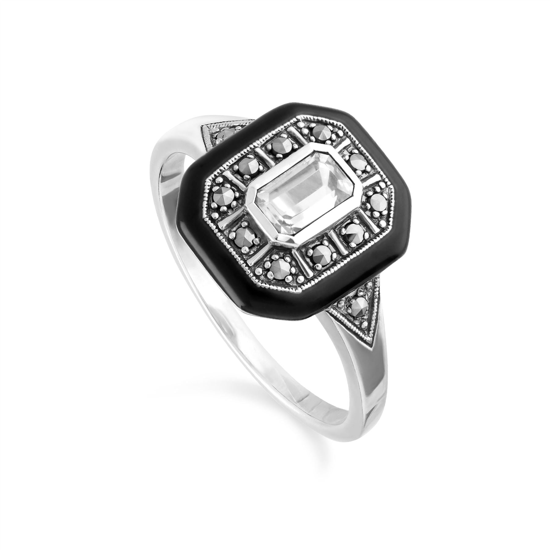 Art Deco Inspired White Topaz, Enamel & Marcasite Square Ring