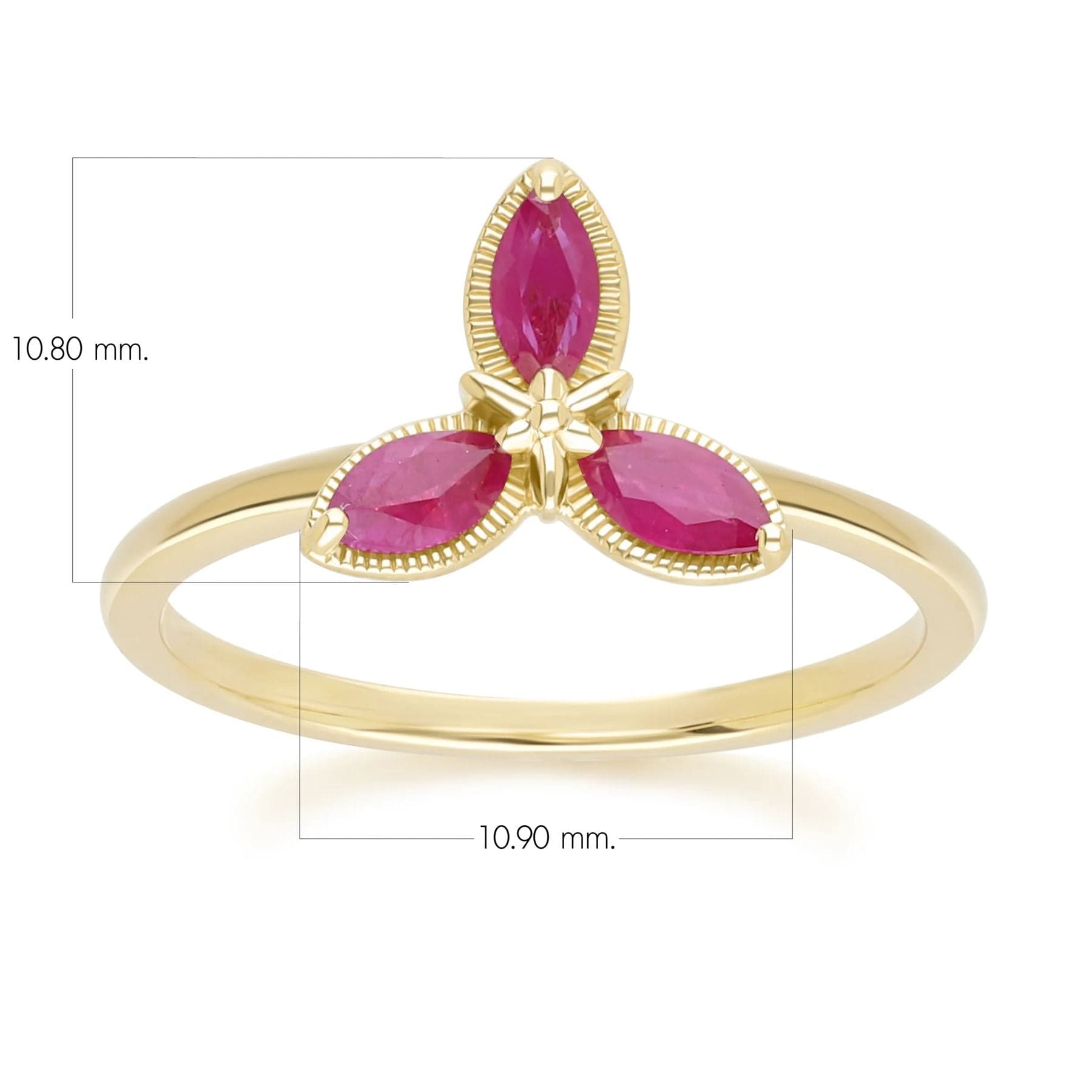 Anillo floral con rubíes de talla marquesa en oro amarillo de 9 quilates