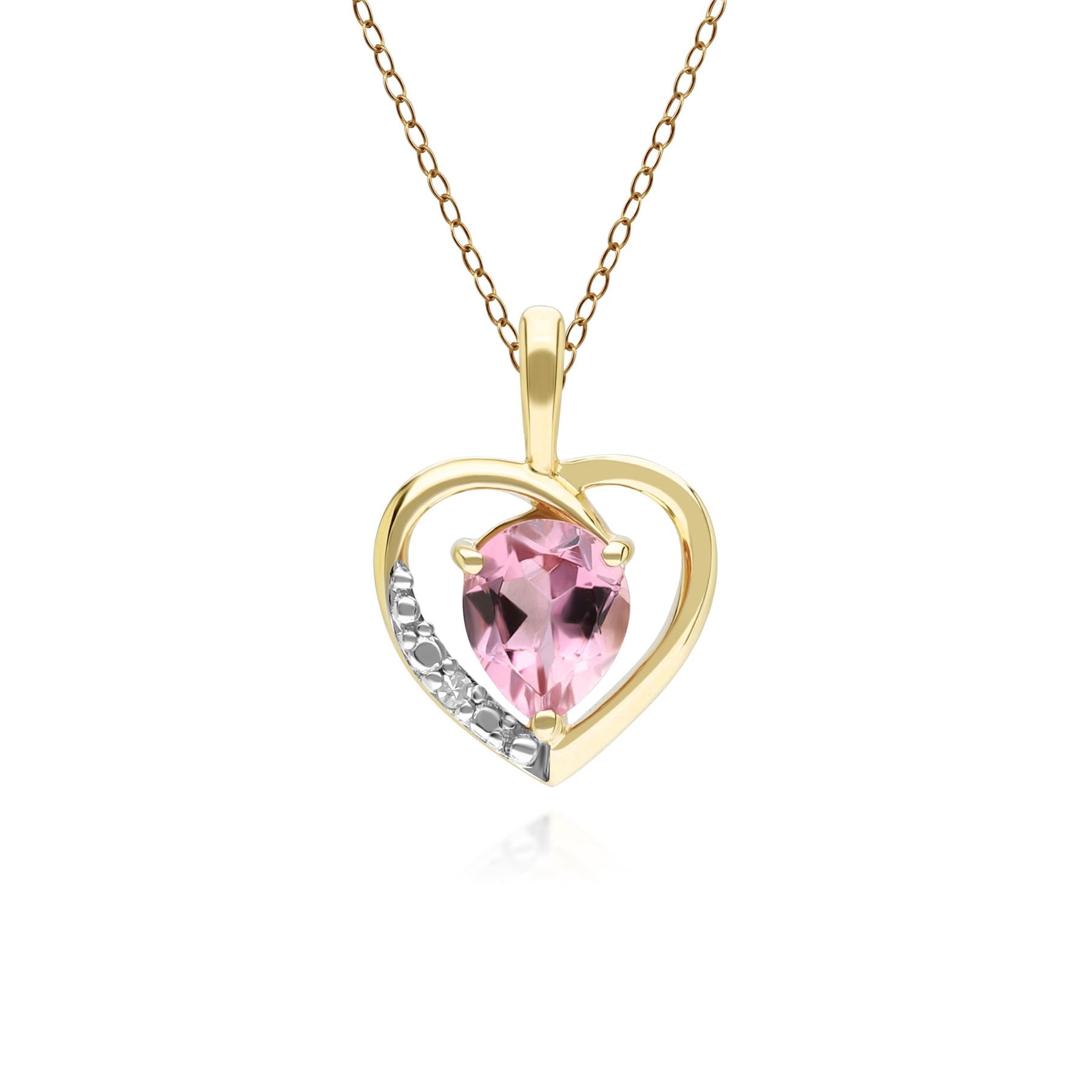 Classic Pear Pink Tourmaline & Diamond Heart Pendant Necklace In 9ct Yellow Gold