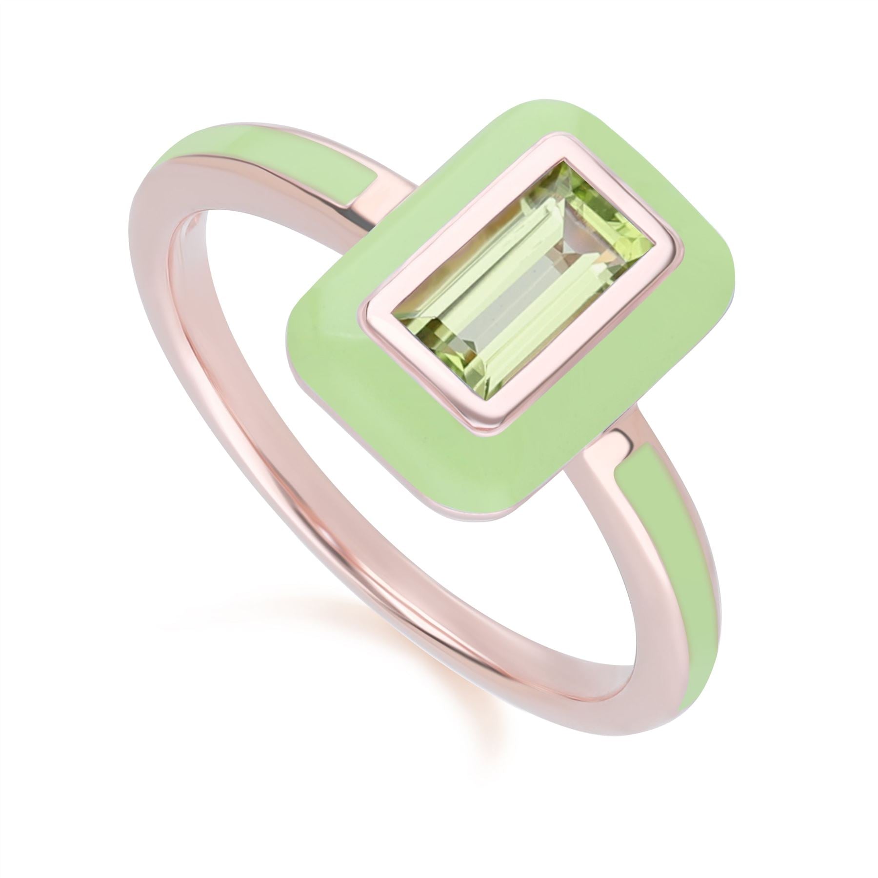 Siberian Waltz Anillo de plata de ley chapada en oro rosa con esmalte verde y peridoto talla baguette