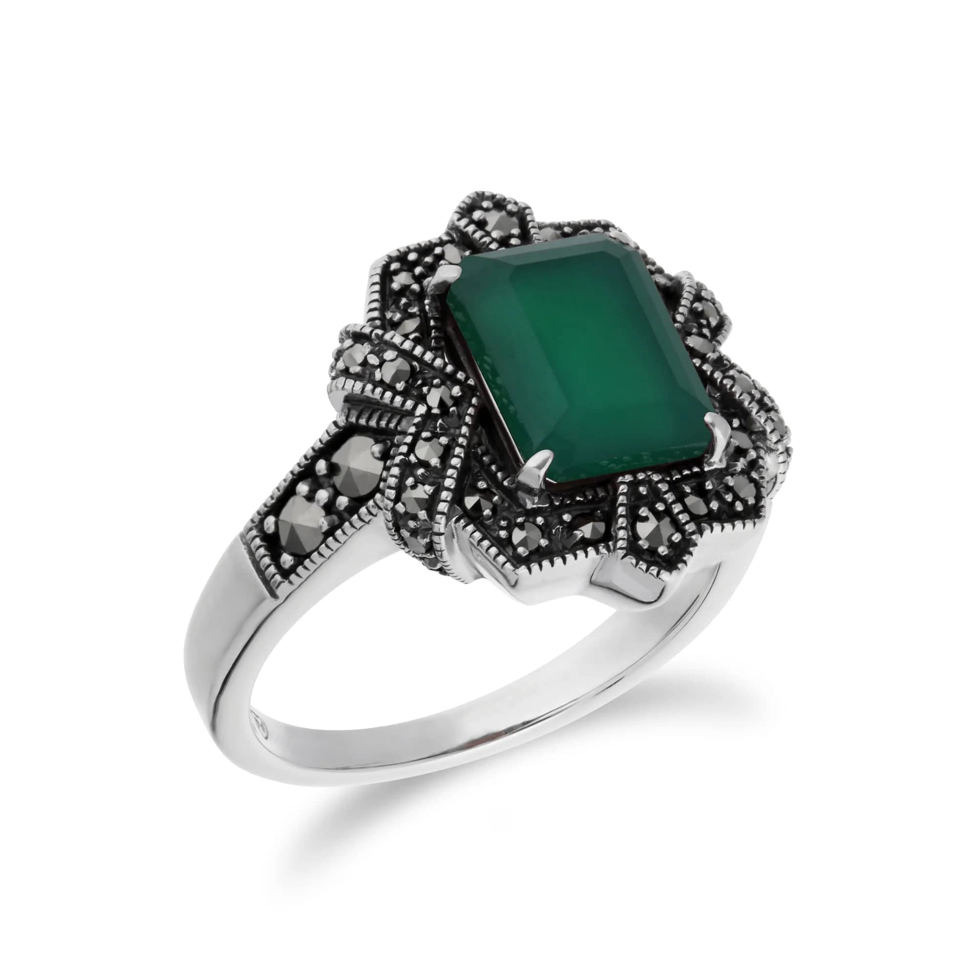 Anillo estilo Art Déco con calcedonia verde baguette y marcasita en plata de ley 925