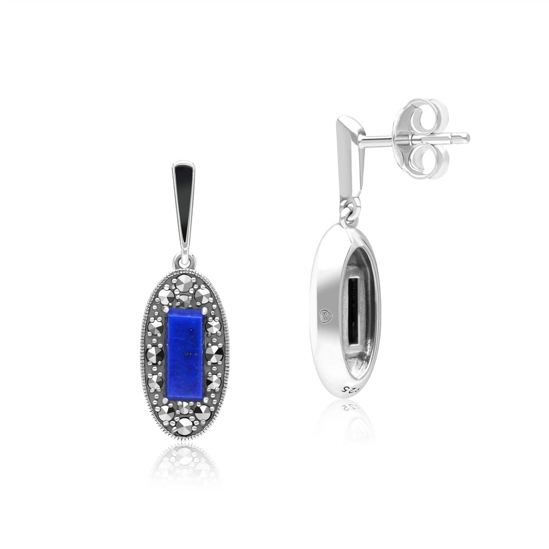 Art Deco Style Oval Lapis Lazuli, Marcasite and Black Enamel Drop Earrings in Sterling Silver 214E936401925 Side