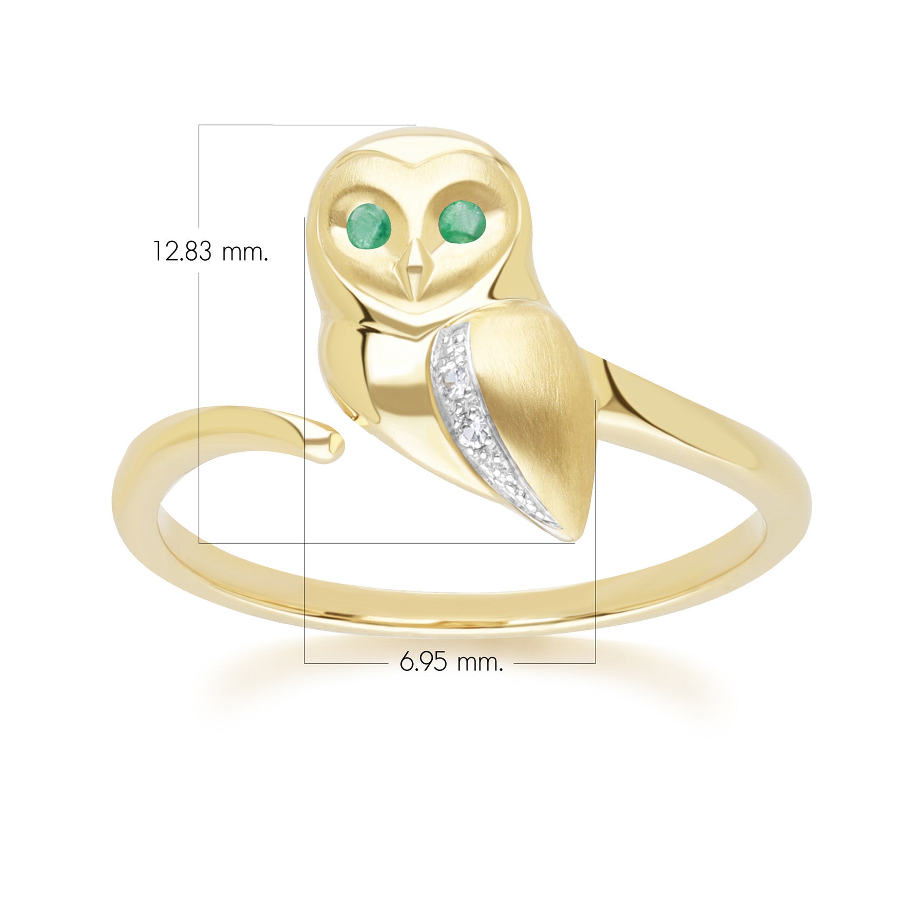 Gardenia Emerald and White Sapphire Owl Ring in 9ct Yellow Gold