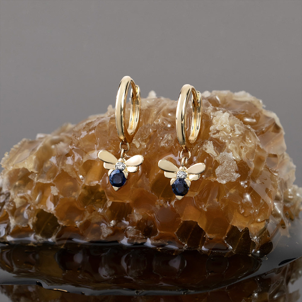 Honeycomb Inspired Blue Sapphire and Diamond Bee Hoop Earrings in 9ct Yellow Gold