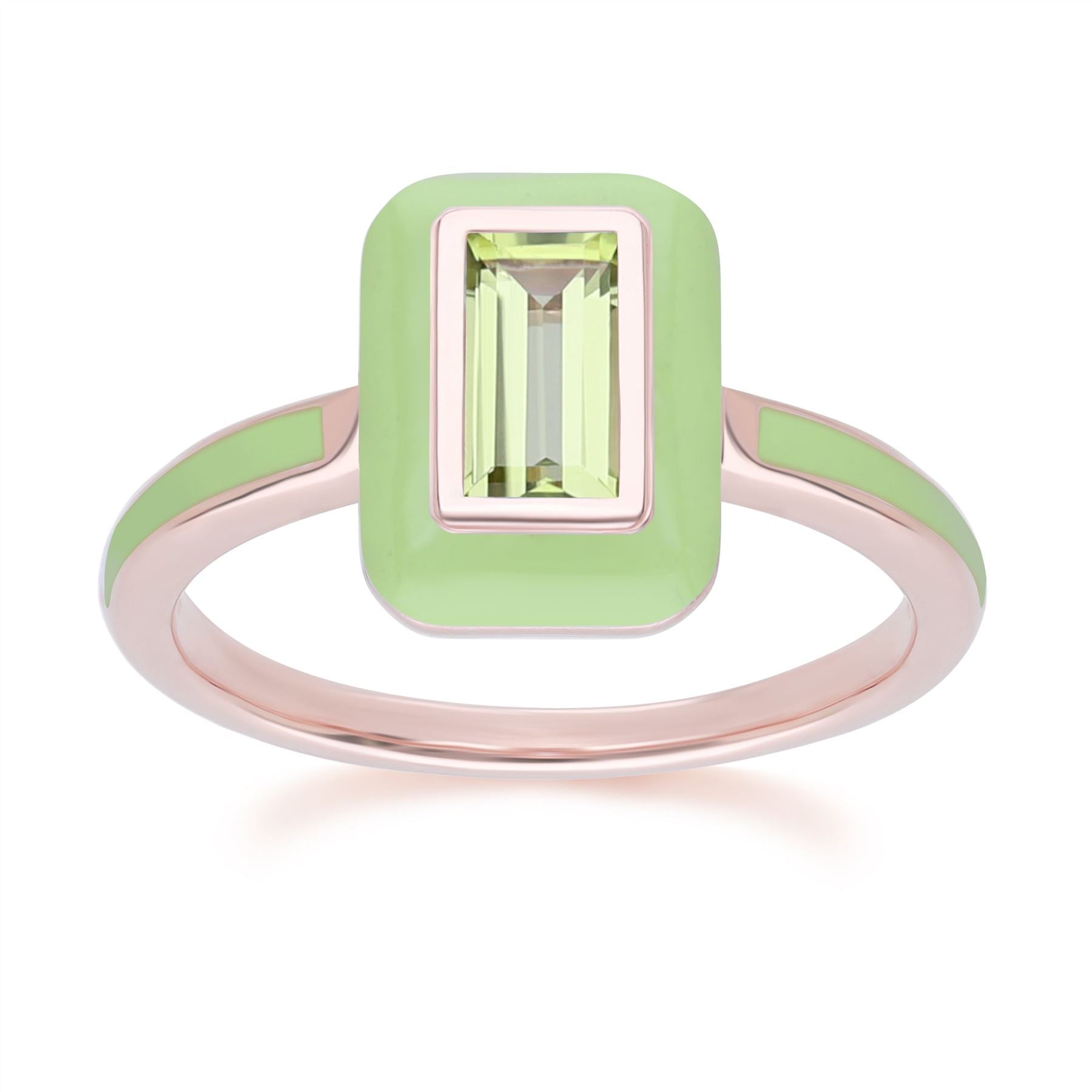 Siberian Waltz Anillo de plata de ley chapada en oro rosa con esmalte verde y peridoto talla baguette