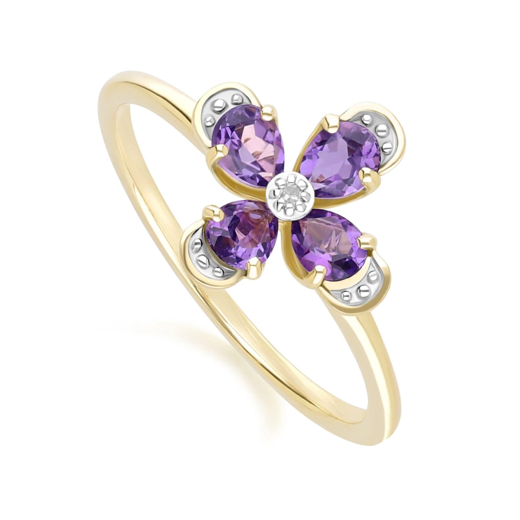 Anillo floral con amatista y diamantes en oro amarillo de 9 quilates