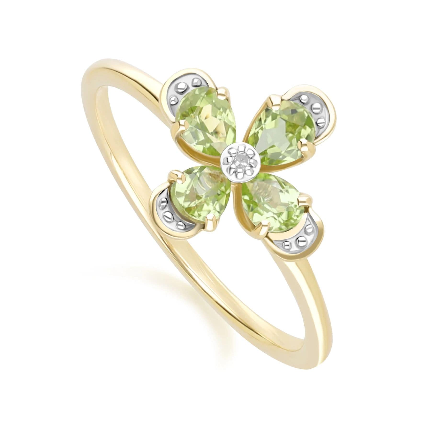 Anillo floral con peridoto y diamantes en oro amarillo de 9 quilates