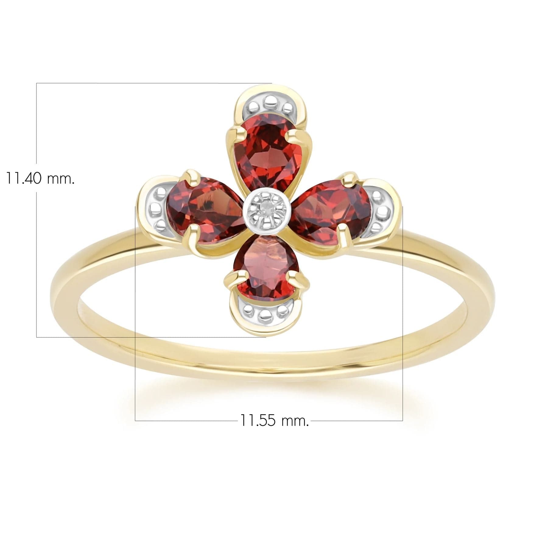 Anillo floral con granates y diamantes en oro amarillo de 9 quilates