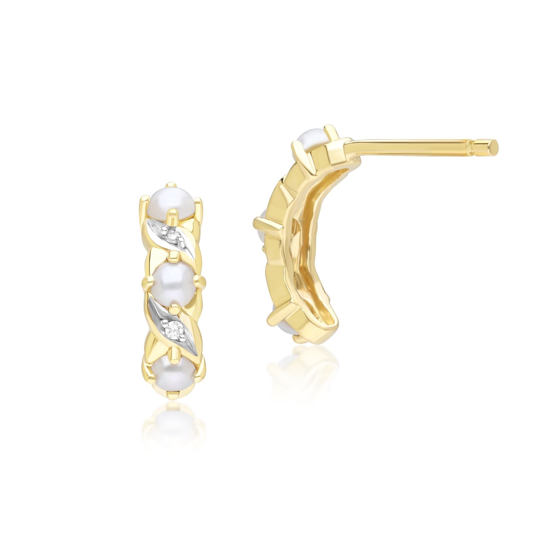 Aros de estilo Art Nouveau clásico con perla y diamantes en oro amarillo de 9 quilates