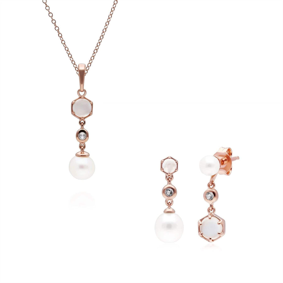 270P030702925-270E030902925 Modern Pearl, Moonstone & Topaz Pendant & Drop Earring Set in Rose Gold Plated Silver 1