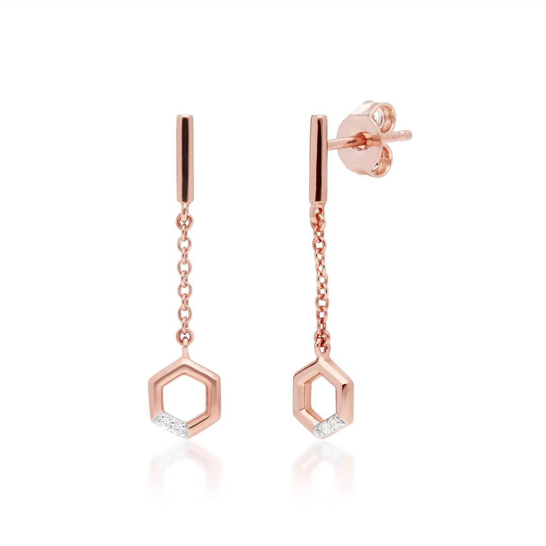 191E0404019 Diamond Pave Hexagon Dangle Drop Chain Earrings in 9ct Rose Gold 1